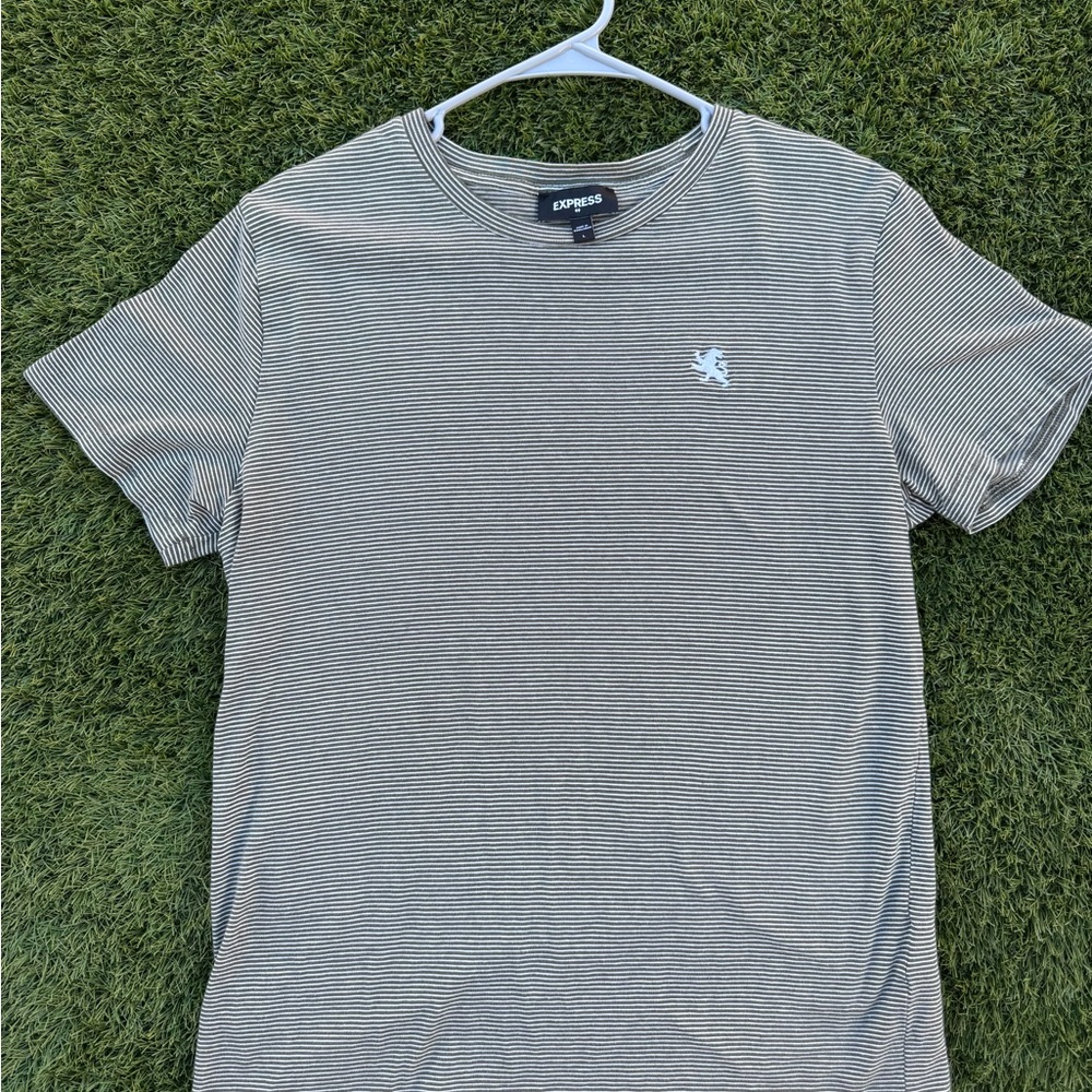 Express Men's Forest Green and White Striped Tee